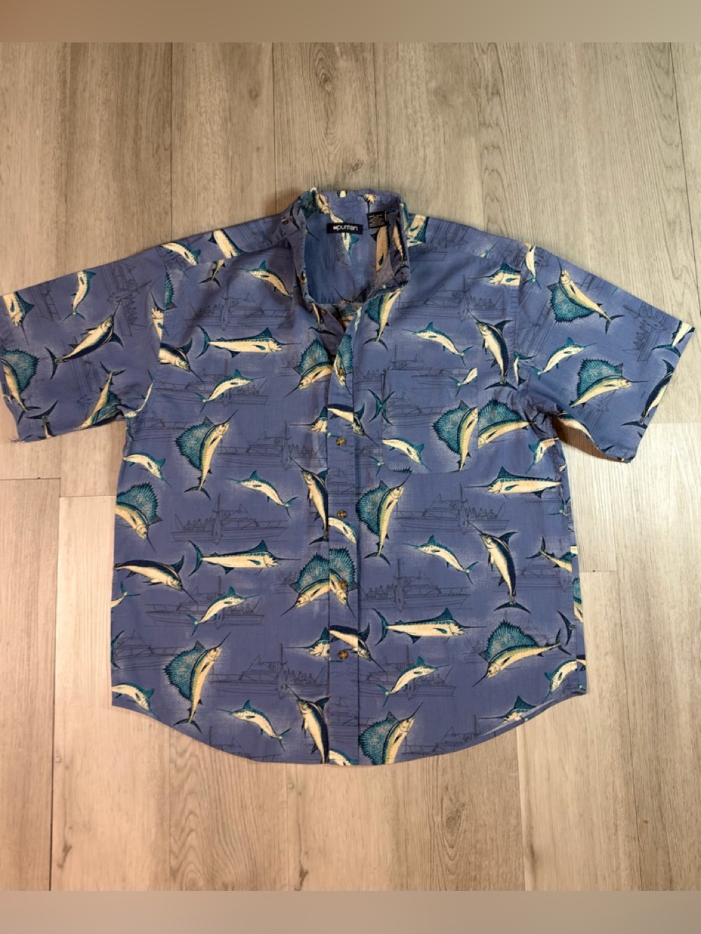 Puritan Men's Blue Cotton Woven Marlin Fish Nautical Graphic Button-Up Shirt L.